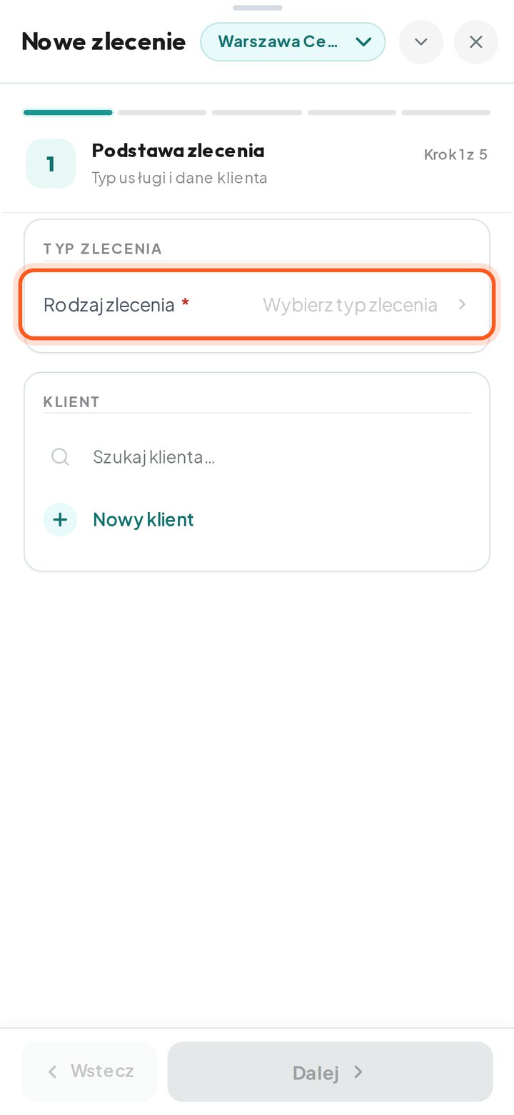 Okno nowego zlecenia z zaznaczonym polem Rodzaj zlecenia (telefon)