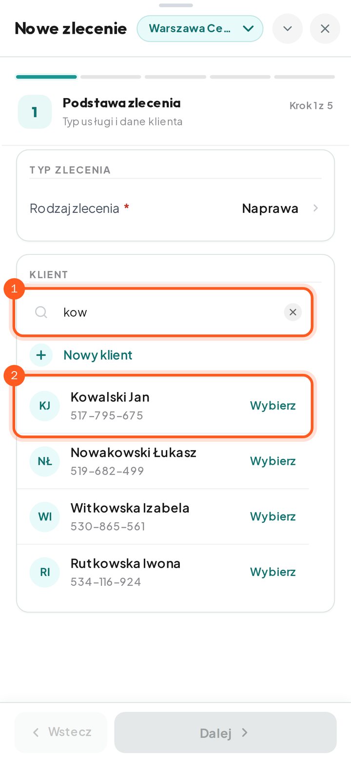 Wyszukiwanie klienta: wpisane litery i zaznaczony klient na liście (telefon)