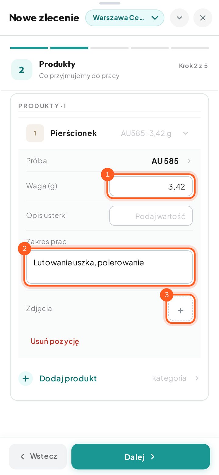 Pola produktu: waga, zakres prac i przycisk dodania zdjęcia (telefon)