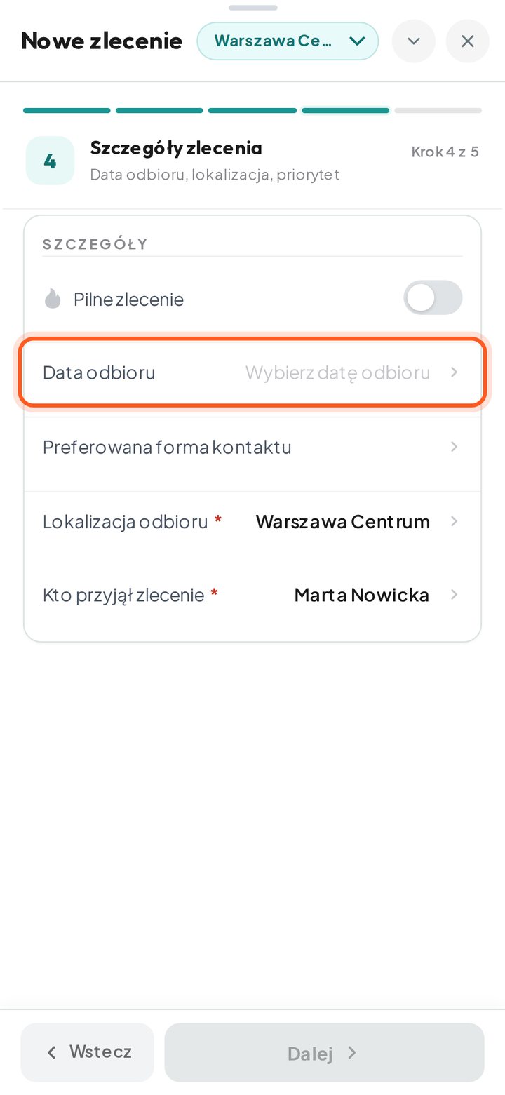 Zaznaczone pole Data odbioru (telefon)