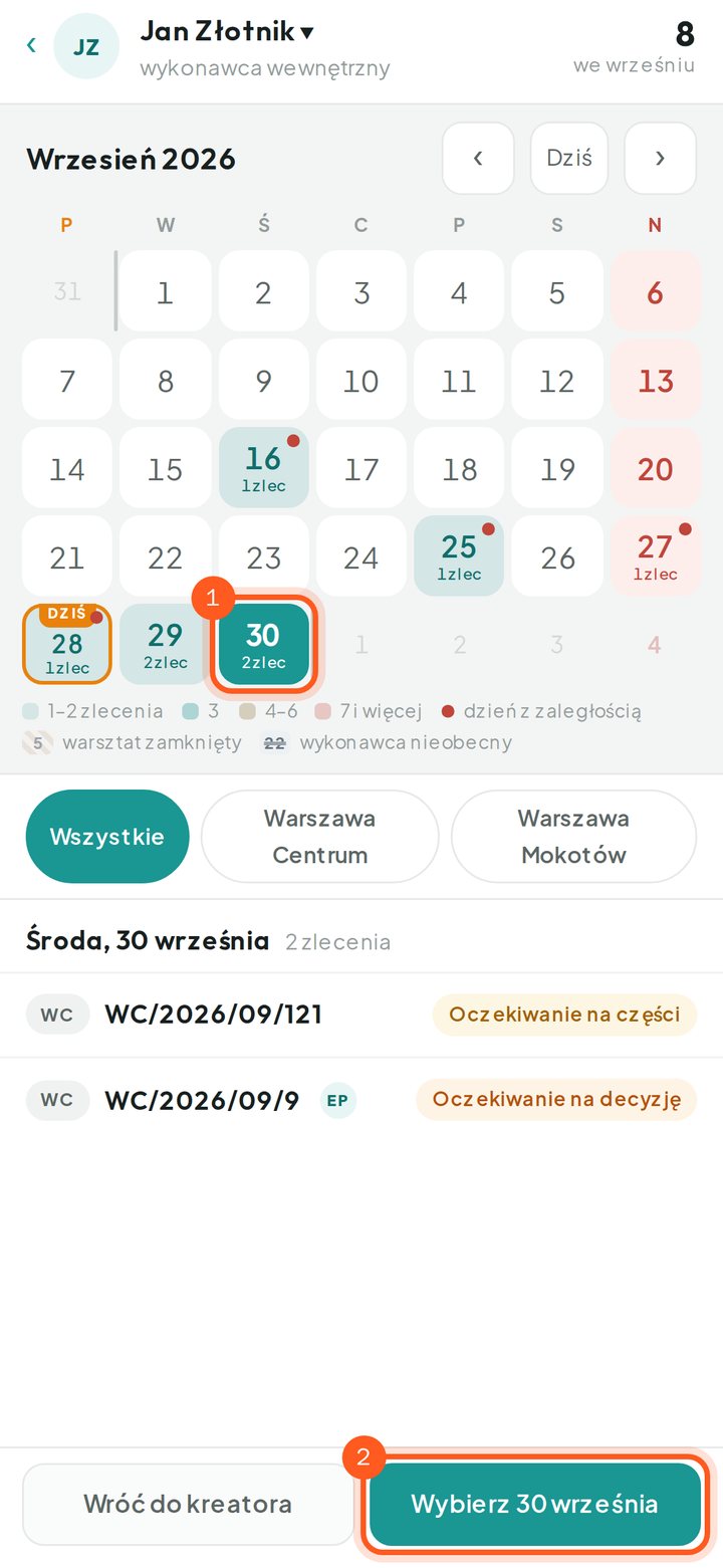 Kalendarz wykonawcy z zaznaczonym dniem i przyciskiem Wybierz (telefon)