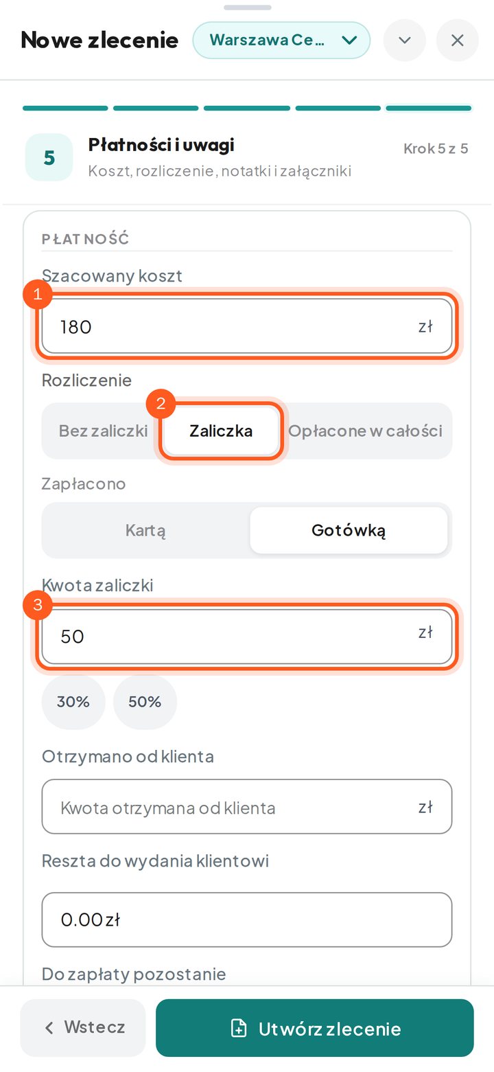 Pola szacowanego kosztu i zaliczki (telefon)