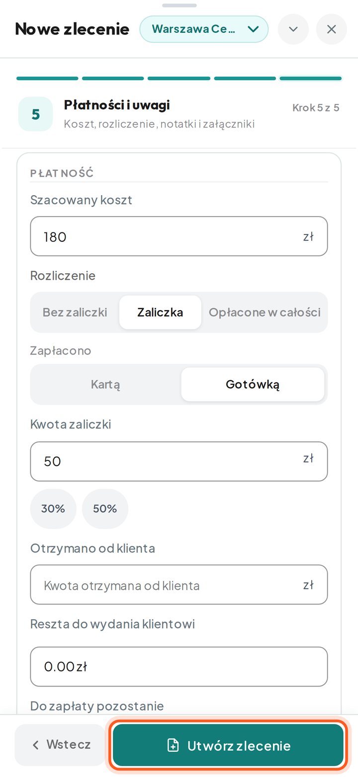 Zaznaczony przycisk Utwórz zlecenie (telefon)